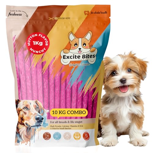 Excite Bites Mutton Flavour Munchy Sticks - 1 Kg Dog Chew Sticks (Pack of 10) (10 Kg), Red,All Life Stages