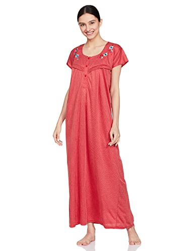 Fabme Women's Hosiery Striped Floor Length Nighty (NW080_Red_Free Size_Red_Free Size)
