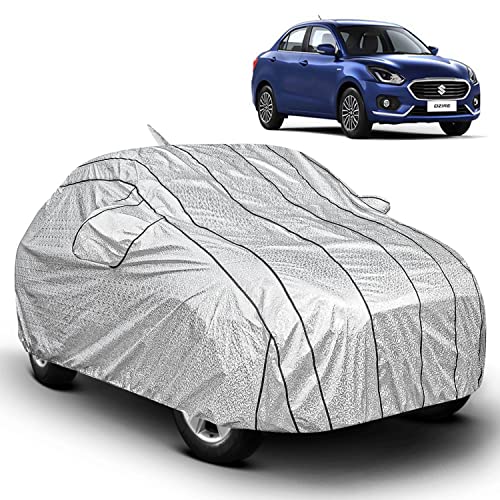 Fabtec Car Body Cover for Maruti Dzire Metallic Silver with 7 Strips with Soft Cotton Lining, Triple Stitched, Full Bottom Elastic