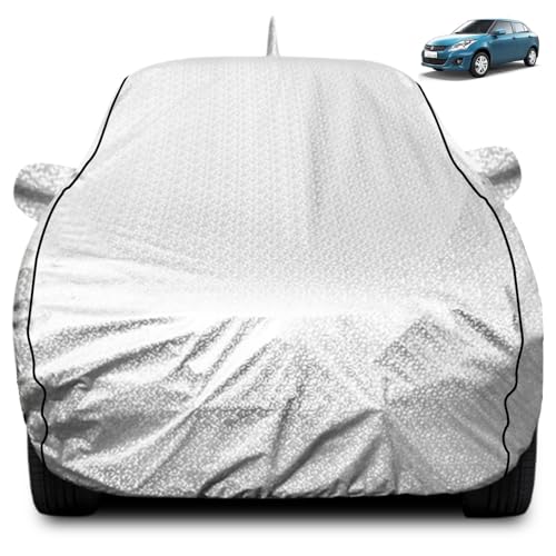 FABTEC Waterproof Car Body Cover for Maruti Dzire (2012-2016) with Mirror and Antenna Pocket, Soft Cotton Lining, Triple Stitched (Heat Resistant Metallic Silver with Black Piping)