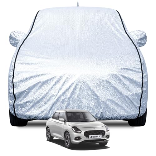 FABTEC Waterproof Car Body Cover for Maruti Swift (2018-2023) with Mirror and Antenna Pocket, Soft Cotton Lining, Triple Stitched (Heat Resistant Metallic Silver with Black Piping)
