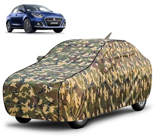 FABTEC Waterproof Car Body Cover for Maruti Dzire (2017-2024) with Mirror and Antenna Pocket, Triple Stitched (Military, Jungle Print, Camouflage Design)