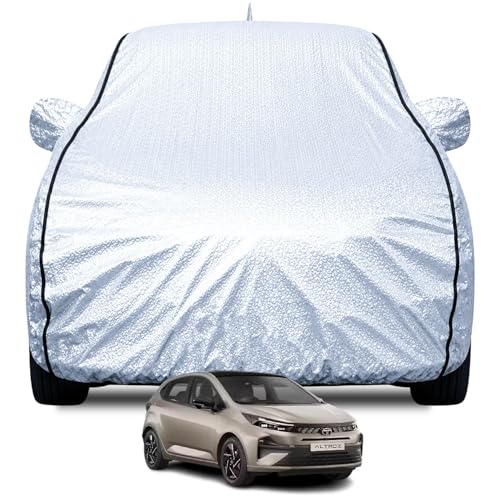 FABTEC Waterproof Car Body Cover for Tata Altroz with Mirror and Antenna Pocket, Soft Cotton Lining, Triple Stitched (Heat Resistant Metallic Silver with Black Piping)
