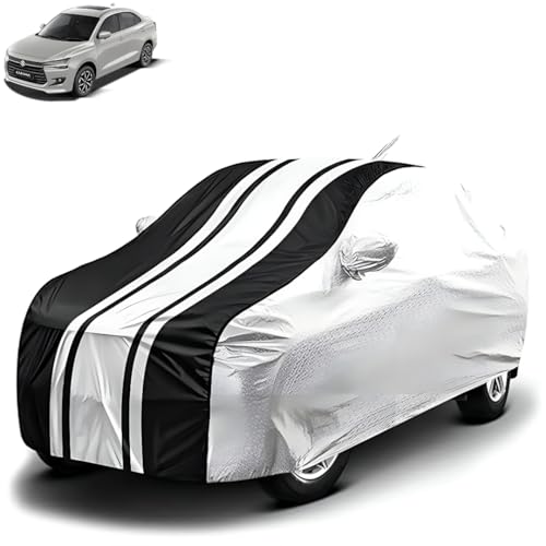 Fabtec Waterproof Car Body Cover for Maruti Dzire (2024-2025) with Mirror and Antenna Pocket, Soft Cotton Lining, Bottom Elastic, Triple Stitched (Metallic Silver with Black Stripes)