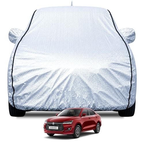 FABTEC Waterproof Car Body Cover for Maruti Dzire (2024-2025) with Mirror and Antenna Pocket, Soft Cotton Lining, Triple Stitched (Heat Resistant Metallic Silver with Black Piping)