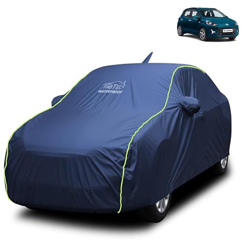 FABTEC Waterproof Car Body Cover for Hyundai Grand i10 Outdoor/Indoor All Weather Protection with Mirror & Antenna Pocket Triple Stitched (Premium Navy Blue with Neon Piping)