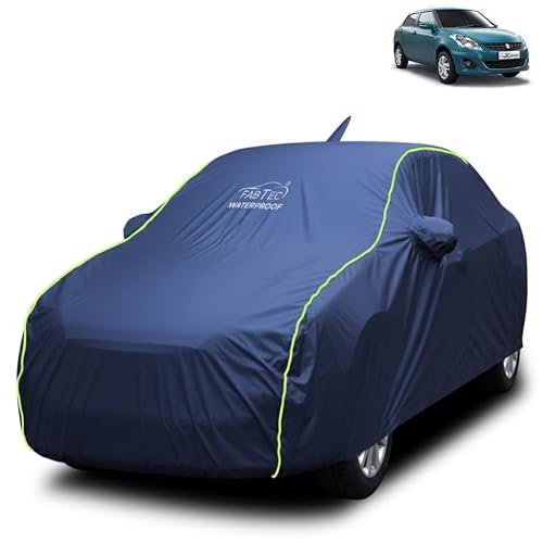 FABTEC Waterproof Car Body Cover for Maruti Dzire (2012-2016) Outdoor/Indoor All Weather Protection with Mirror & Antenna Pocket Triple Stitched (Premium Navy Blue with Neon Piping)