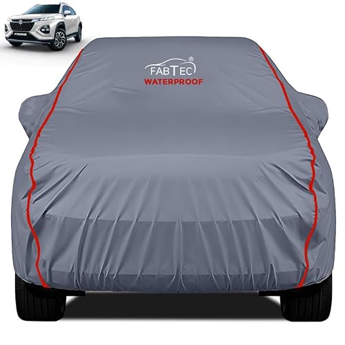 FABTEC Waterproof Premium Car Cover for Maruti Fronx with Mirror Pocket Super Waterproof Car Body Cover Heavy Duty Durable Peva Grey with Red Piping