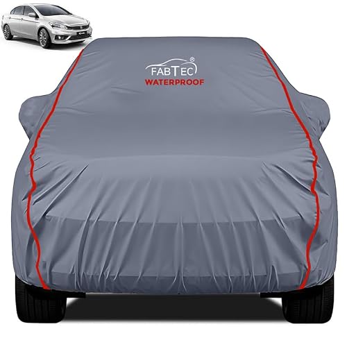 FABTEC Waterproof Premium Car Cover for Maruti Ciaz Super Waterproof Car Body Cover Heavy Duty Durable PEVA Grey with Red Piping