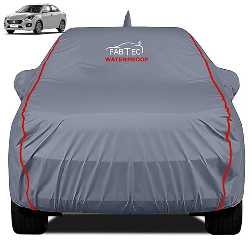 FABTEC Waterproof Premium Car Cover for Maruti Dzire (2017-24) with Mirror and Antenna Pocket Super Waterproof Car Body Cover Heavy Duty Durable Peva Grey with Red Piping
