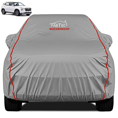 FABTEC Waterproof Premium Car Cover for Hyundai Creta Super Waterproof Car Body Cover Heavy Duty Durable PEVA Grey with Red Piping
