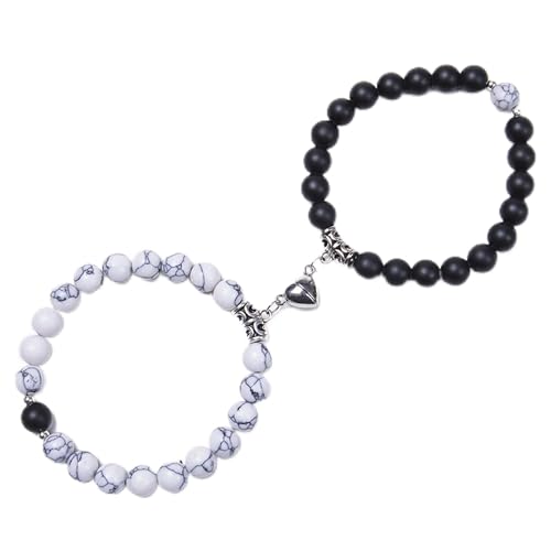 Fashion Frill Stylish Couple Bracelets Black & White Natural Stone Onyx Stretchable Wrist Band Heart Magnetic Bracelet For Women Men Boys Girls Love Gifts Friendship Bracelets