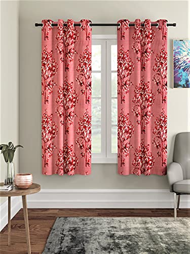Fashion String 2 Piece Floral Blossoms Eyelet Polyester Window Curtains - 5 Feet, Maroon