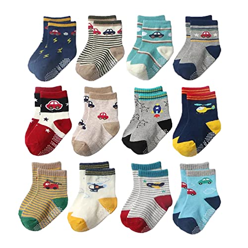 FIMALIA Organic Cotton Anti-Skid Socks Non Slip Kids Toddler Socks with Grip | (Pack of 4,6 &12 Pair) (Color & Print May Vary) (0 to 5 years size) (IN, Age, 12 Months, 24 Months, 4 Pair (Multicolor))