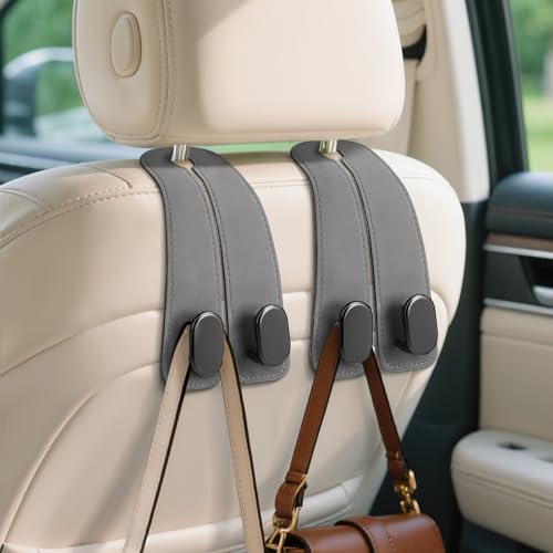 Fitnice Car Seat Headrest Hooks - 2 Pack Leather Car Purse Hook, Car Purse Bag Holder Hanger with Double Metal Hooks for Handbags, Grocery Bags, Bottles, Phones