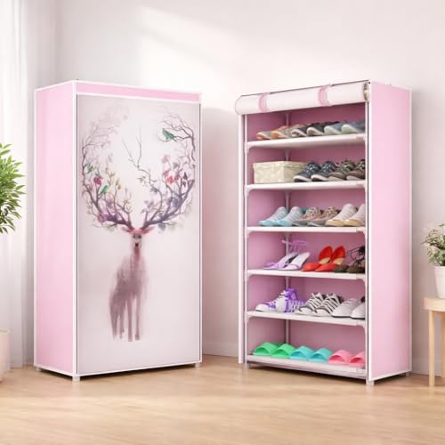 FLIPZON Premium 6 Layer Shoe Rack Cabinet with Cover | Foldable Non-Woven Fabric Shoe Organizer | Space Saving Multi-Tier Storage Rack for Home | Printed Designer Shoe Shelf (Pink Deer Design)