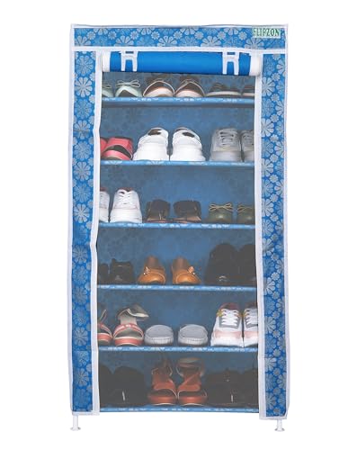 FLIPZON Premium 6-Tiers Shoe Rack/Multipurpose Storage Rack with Dustproof Cover (Iron Pipes, Non Woven Fabric, Plastic Connector) (Blue Flower), Cm