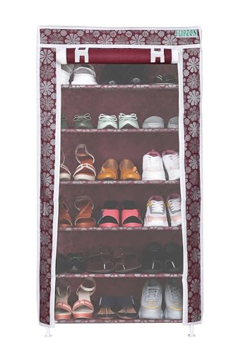 FLIPZON Premium 6-Tiers Shoe Rack/Multipurpose Storage Rack with Dustproof Cover (Iron Pipes, Non Woven Fabric, Plastic Connector) (Maroon Flower), Cm