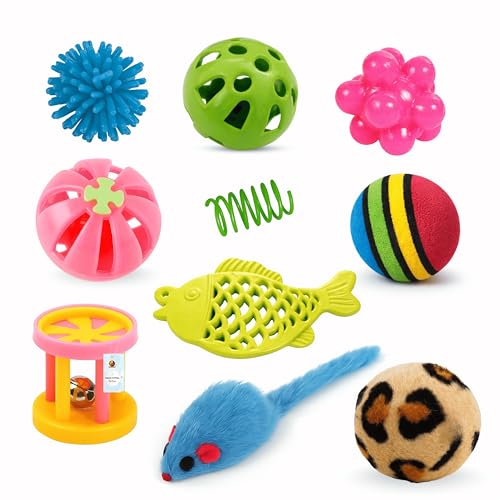 Foodie Puppies 10Pcs Interactive Cat Mini Toy Combo Set for Cats & Kittens - (Puffer, Mini Fish, Spring, Leopard Ball, Furry Mouse, Cylinder, Jingling, Rubber, Foam, & Bell Ball Toy for Playing