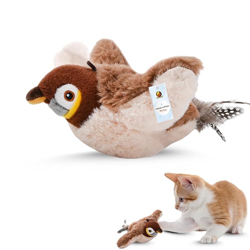 Foodie Puppies Flapping Sparrow Cat Toy with Catnip | Interactive 3 Mode Flapping Bird, Touch Activated, USB Rechargeable Chirping Plush Toy for Cats & Kittens | Charge Before Use