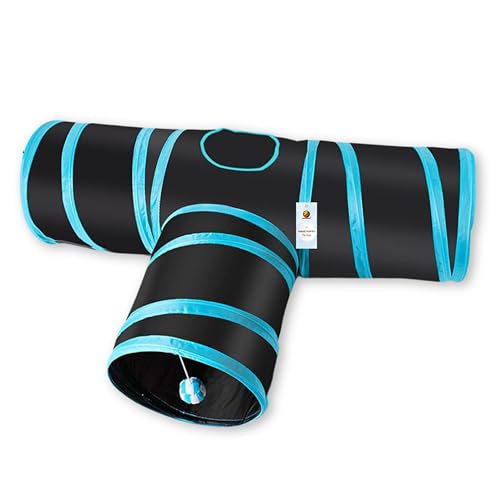 Foodie Puppies Interactive Lightweight Foldable T-Shape Tube Hiding Tunnel with Hanging Ball - Perfect for Small Cats, Kittens, Rabbits and Guinea Pigs (Blue Black)