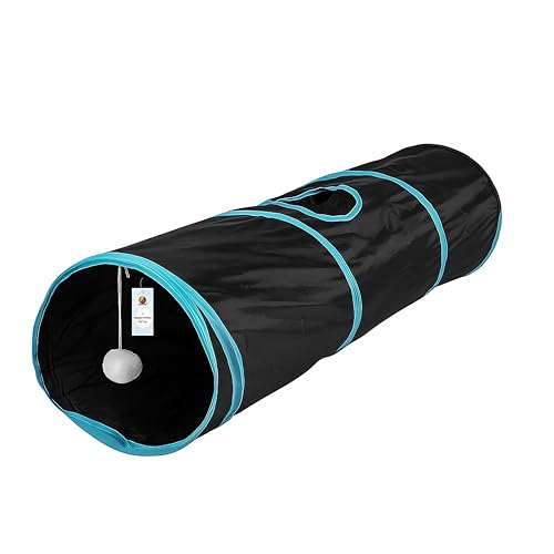 Foodie Puppies Pet Foldable Straight Cat Tunnel (Blue & Black) for Cats, Kittens, Rabbits & Guinea Pigs | Interactive Play Tube with Peek Hole | Fun Indoor & Outdoor Hiding & Training Tunnel Cave