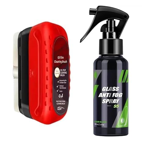 Freven Oil Film Cleaning Brush & Car Glass Cleaner Anti-Fog Spray | Windshield Defogger & Stain Remover for Interior & Exterior | Anti-Mist, Oil Stain Remover for Car Windows, Mirrors & Glass