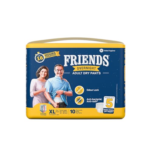 Friends Overnight Adult Diaper XL Size Pants | 10 Count (Extra Large) | Waist 30-56 inch |16 Hrs Protection | Leakproof | Quick & Even Absorption | Unisex | Anti-Rash | Odour Lock | Superior Softness | Elastic Waist & Anti-Bacterial Absorbent Core