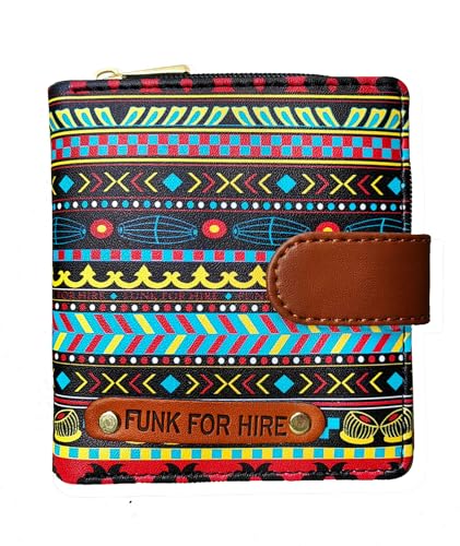 Funk For Hire Women’s Printed Black Vegan Leather Square Wallet with 6 Card Slots, Cash Compartment, Zippered Coin Pouch, Magnetic Closure, Compact Two Fold Design, Handcrafted in India