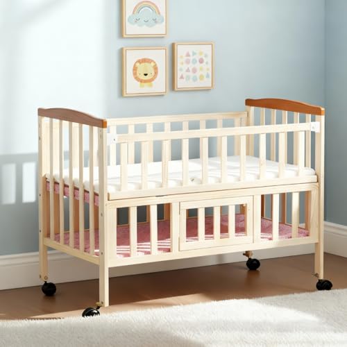 FURNIFEST Multifunction Wooden Baby Cot, Baby Crib with Mattress for 0-3 Year, Strong German Pinewood Baby Cot Cradle with Mosquito Net, & Storage Space, Double Side Extendable Cradle