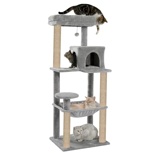 FURRLOVERS Condo Fur Fabric Activity Kitten Cat Tree | Hammock | Hanging Ball | Scratching Posts | Jute Rope (Height 55 Inch) (Grey - FURR-54)