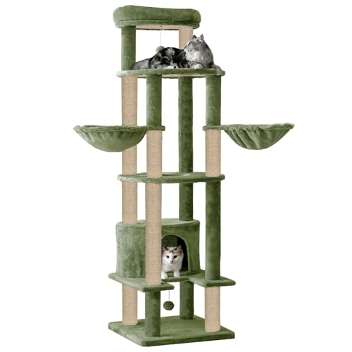 FURRLOVERS Multi-Level Cat Tree Tower, 64-Inch Tall, with Scratching Posts, Hammocks and Condo, Grey (FURR-88 - Green)