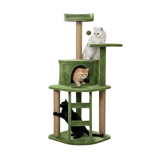 FURRLOVERS Multi-Level Cat Tree Tower, 47 Inch Tall Green Plush Condo with Natural Jute Posts, Platforms, Perches, 19 Inch Base (FURR-49) (Green)