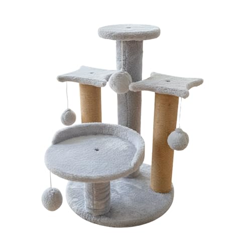 FURRLOVERS Multi-Level Play Cat Tree, Grey and Natural Sisal, 17 Inch Height with Plush Platforms, Scratching Posts, Hanging Balls, Indoor Activity Tower FURR-18-GR (Grey)