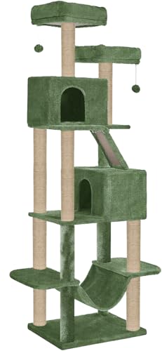 FURRLOVERS Multistory Kitten Large Cat Tree | Fur Fabric | Hammock | Hanging Balls | Condo | Ladder | Scratching Posts | Sisal/Jute Rope (Height 76 Inch) (Green)