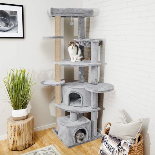 FURRLOVERS Multistory Playing Activity Kitten Cat Tree - Soft Fur Fabric | Furry Balls | Condos | Top Bed | Scratching Posts | Jute Rope | for Adult Cats & Kittens (Height 80 Inch) (Grey - FURR-92)