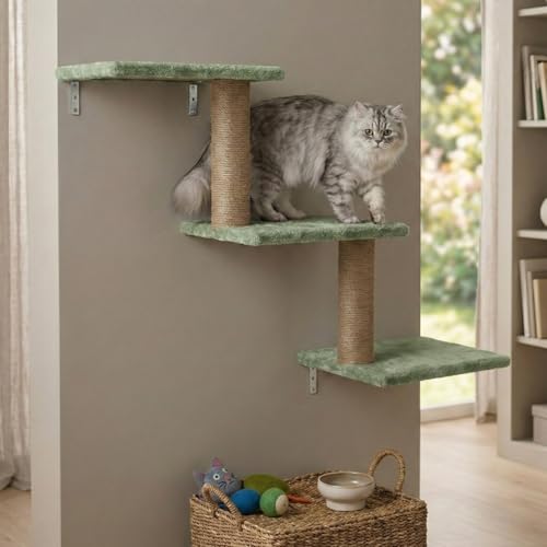 FURRLOVERS Wall-Mounted Cat Climber, Multi-Level Cat Tree with Jute Scratching Posts, Grey Plush Platforms, Space-Saving Corner Design (30X35X14 INCH) FURR-158 (Green)