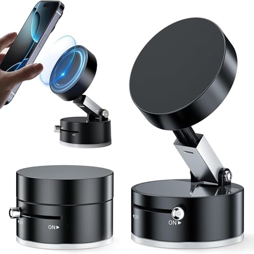 GadgetBite 360 Vacuum Magnetic Phone Holder Hands Free, Foldable Suction Mount, Strong Grip for Mirror, Shower, Gym, Car, Kitchen and Universal Magnetic Phone Stand - Black
