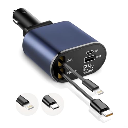 GadgetBite Car Charger 120 Watt 4 in 1 Charger with Retractable Cables & Dual Ports Type C cable and Lighting cable Super Fast Charger Compatible With iPhone 17 to 11 Pro Max Android iPad Pixel - Blue