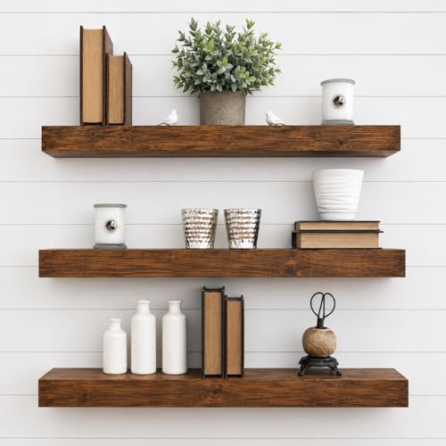Genuine Decor Solid Sheesham Wood Floating Shelves Set of 3 | Rustic Wooden Wall Shelf for Living Room, Bedroom & Kitchen | Wall Mounted Decorative Storage (22 Inch)