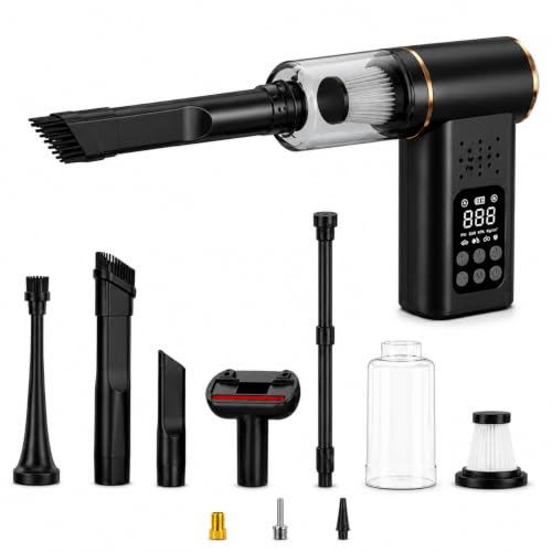 GLIDRIX 5-in-1 Portable Tyre Inflator, 150PSI Air Pump & Car Vacuum Cleaner (Black), Portable Vacuum with Powerful Suction, LCD Display, Air Blower, LED Torch, Pet Hair Tool, Type-C Rechargeable