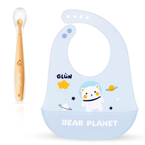 GLUN® 1 Soft Feeding Spoon & 1 Piece Bibs Combo, Cute Bear Print Bib with Carry Bowl for Growing Champs, Easily Wipes Clean, Less Time Cleaning after Meals for Babies