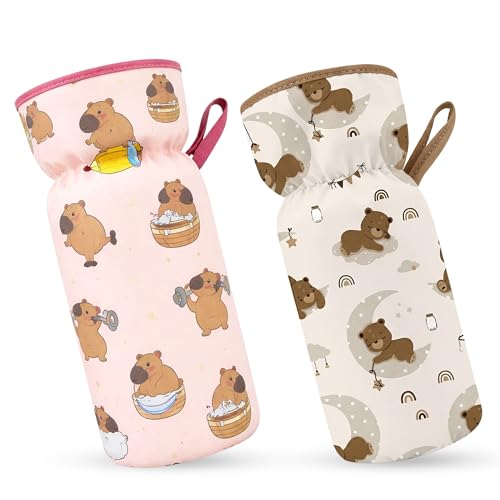 GLUN® 2 Piece Cute Panda Printed Infant Feeding Bottle Sleeves with Lanyard, Keep Warm Baby Drinking Cushiony Cotton Cover, Baby Glass Bottle Insulator Bottle Protector
