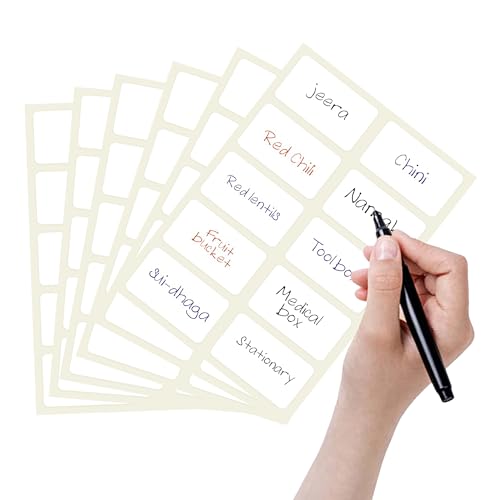 GLUN ® 200 Pcs Waterproof Pearl White Vinyl Stickers Self Adhesive (No Residue) with Black Marker for Mason Jars Glass Bottles, Decals Craft, Kitchen Jar Labels Bottle Stickers 25x50mm