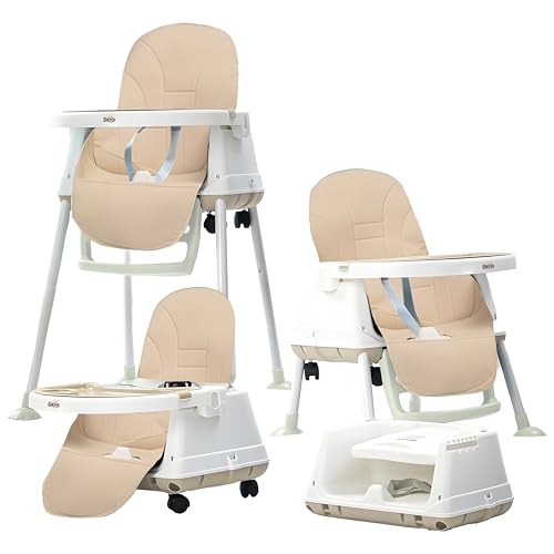 Golden Bee Deluxe 4 in 1 Convertible High Chair for Babies and Toddlers, Feeding Seat with Tray, Wheels, Safety Belt, and Cushion Seat, for Baby Boy & Girl 6 Months to 3 Years (Khakhi)