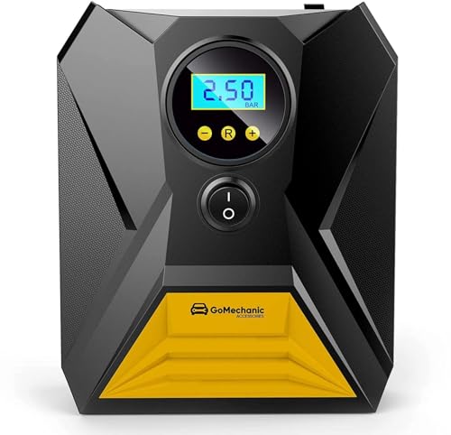 GoMechanic Gusto Digital Tyre Inflator for Cars & Bikes | 150 PSI | 12V DC Portable Air Pump for Tyres with Auto Shut Off | Tyre Pressure Gauge | Multi-Nozzle Compatible | Emergency LED