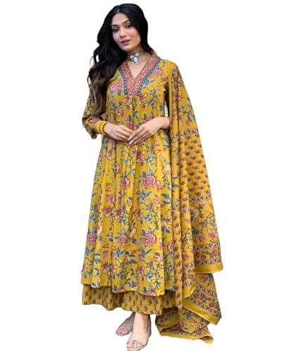 GoSriKi Women's Rayon Blend Anarkali Printed Kurta with Pant & Dupatta & Dupatta (CIA Yellow-GS_M_Yellow_Medium)