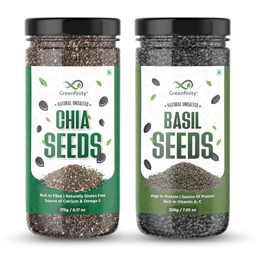 GreenFinity Healthy Seeds Combo- Chia Seeds (175g) Basil Seeds (200g) | Rich in Omega-3, Dietary Fibre, Antioxidant | Raw Seeds for Weight Loss, Immunity Booster, Digestion, Salads, Snacks (Pack of 2)