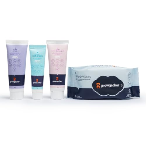 Growgether Baby Travel Skin Care Essentials Kit | Newborn Baby Gift Set with Baby Wipes (5 Packs), Diaper Rash Cream (10g), Baby Lotion (20ml) & Baby Wash Shampoo (20ml) | Travel Pack Combo for Babies