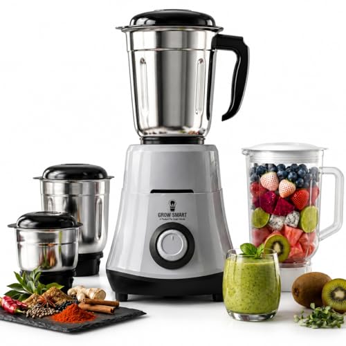 Growsmart HydroGrind Powerful 750 W Juicer Mixer Grinder For Kitchen 4 Jars (3 Stainless Steel + 1 Juicer) Mixie For Mixing, Grinding, Juicing 4 Years Warranty (Grey & Black)